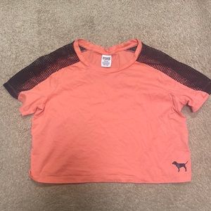 Victoria's Secret PINK Mesh Crop Top Shirt Coral & Black